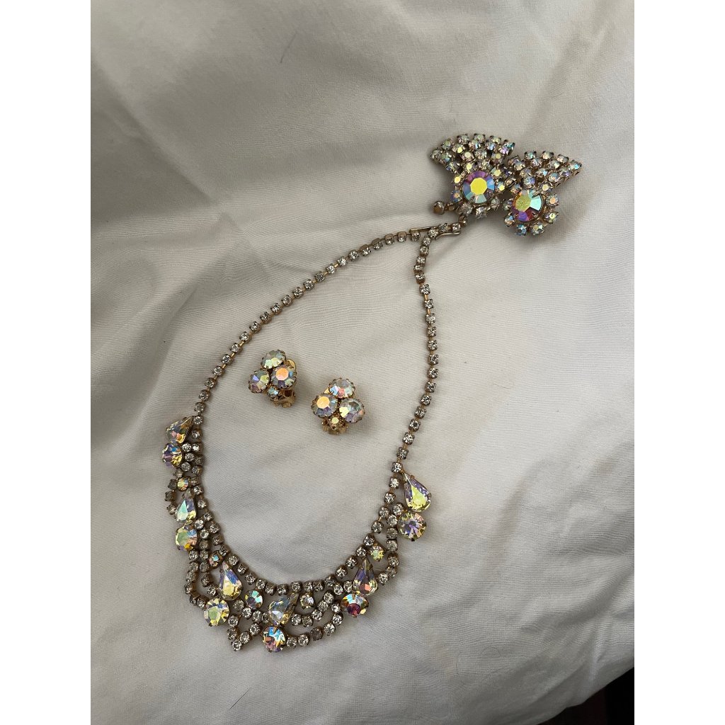 Antique Round Iridescent Rhinestone Encrusted Necklace & 2-Sets Of Earrings